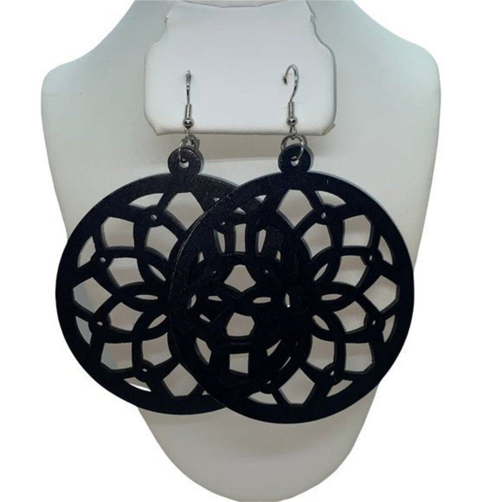 NWT Black Wood Circled Laser Cut-Out Perforated Dangle Earrings